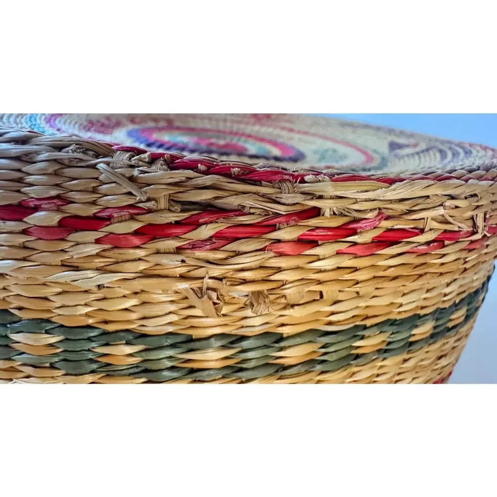 Vintage Handwoven Lidded Sweetgrass Basket with Colorful Geometric Design